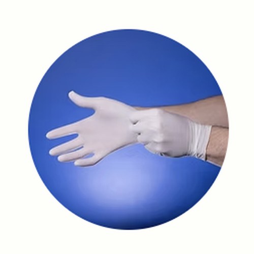 Hand putting on a white exam glove